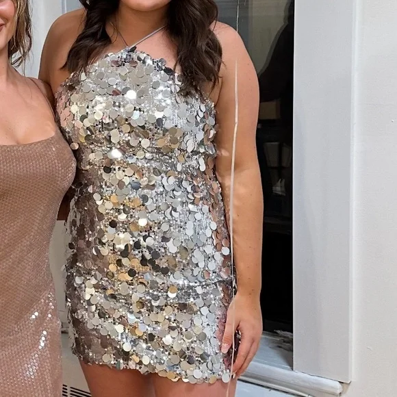 Selfie Leslie Silver Sequin Halter Mini Dress - Picture 3 of 3